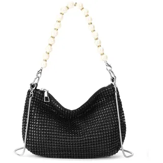 AiNinXun Tasche Glitzer Damen Strass Clutch Mit Kette Abendtasche Glitzer Handtasche Klein Elegant Tasche Perlen Brauttasche Damen Schultertasche für Abend Prom Hochzeit Party (Schwarz)