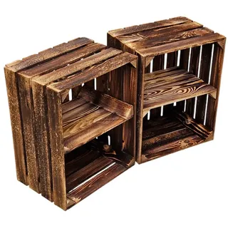 Teramico Holzkiste Holzkisten 2er Set mit Regalboden Kurz 50 x 40 x 30cm geflammt, Vintage Obstkiste braun