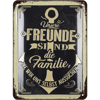 LANOLU Retro Blechschild mit Spruch - FREUNDE SIND FAMILIE - vintage Metallschilder mit Sprüchen als Wanddeko für Küche und Garten - Shabby Chic Deko Farmhouse, Maritime Anker Deko, 15x20cm