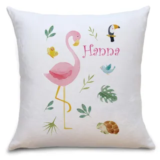 OWLBOOK Flamingo Safari Tiere Flauschiges Kissen mit Füllung Personalisiert mit Namen Geschenke Geschenkideen für Mädchen zum Geburtstag Geburt Baby Kind