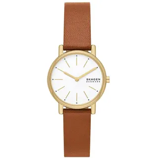 Skagen Signatur Uhr für Damen, Quarzwerk mit Edelstahl- oder Lederarmband, Braun und Weiß, 30MM