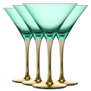 Farbige Martini-Art-Deco-Gläser, Gold, 2 Stück, 237 ml, klassische Cocktail-Gläser für Cosmopolitan, Martini, Bellini, Sidecar, Crystal Speakeasy Style Kelchstiele, Blaugrün, Grün (226.8) g)
