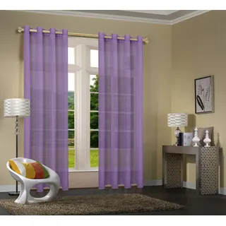 Uni -20332CN- 2er-Pack Lila Vorhang Transparent Gardinen Set Wohnzimmer Voile Vorhang Ösenvorhang HxB 245x140 cm mit Bleibandabschluß Lila