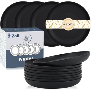Wrova Plastikteller Wiederverwendbar - Teller Set 8 Personen 22.5 cm Tiefe Teller Salatteller - Mikrowellen & Spülmaschinenfest Küchenteller für Küche, Camping - Schwarz