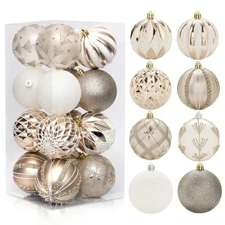 Herfair 16 Stück Weihnachtskugeln, Farbe Weihnachtskugeln Aufhänger für Christbaumschmuck, 8cm Christbaumkugeln Set, Weihnachten Ornamente Weihnachtsdeko (Champagner Gold)