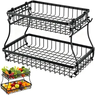2 Stöckig Obstkorb, Metall Fruit Basket, Abnehmbar Obst Etagere, Mit Bananenhaken, für Arbeitsplatte Küche Aufbewahrung, Gemüse, Obst, Brot und Snacks Aufbewahren, Schwarz