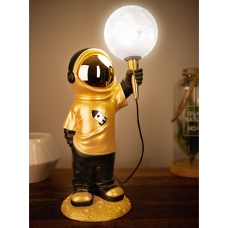 BRUBAKER Astronauten Tischlampe - 46 cm Weltraum Nachttischlampe mit USB-C Stecker - Handbemalte Dekofigur Statue mit Mond Lampe - Gold und Schwarz