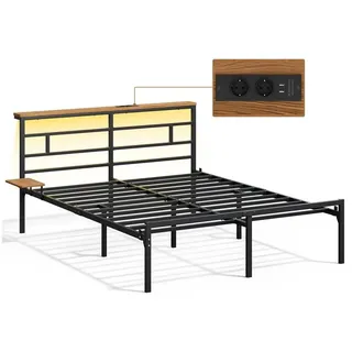 Yaheetech Bettgestell mit LED-Beleuchtung & Ladestation & Seitlicher Ablage, Doppelbett 160 × 200 cm Metallbett mit Stauraum unter dem Bett