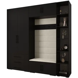 Abiks Möbel Garderoben-Set, Schwarz, Beige, Schwarz, Holz, Nachbildung, 2-Sitzer, 13 Fächer, 240x236.7x47 cm, Garderobe, Garderoben-Set & Garderoben-Serien, Garderoben-Sets