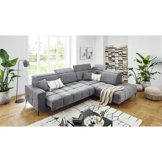 Wohnlandschaft >Lindesberg< in grau, Ottomane rechts, Nosagunterfederung, Federkern, elektrische/manuelle Sitztiefenverstellung, 5 manuelle Kopfteilverstellungen, Schwenkrücken, 317x107x230 cm (BxHxT)