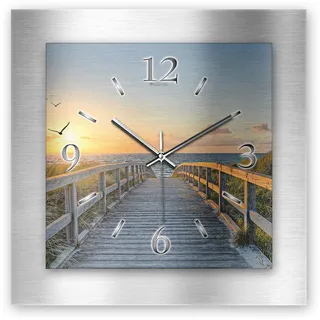 Kreative Feder 3D Designer-Wanduhr aus gebürstetem Aluminium leise Wanduhr ohne Ticken quadratisch 40x40cm (Weg zum Meer, leises Funkuhrwerk)