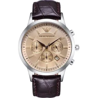 Armani Herrenuhr AR2433, Quarz, 43mm Edelstahlgehäuse, Lederarmband, 50m wasserdicht - Braun/Beige/Silber