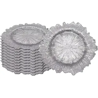 Dekorative Platzteller für Partys, Vintage-Design, Glasteller für Abendessen, Tischdekoration, Hochzeiten, Geburtstag, Party, Geschirr, Catering-Events, 33 cm, glänzendes Silber, 12 Stück