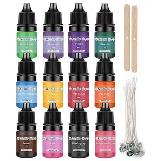 Kerzenfarbe Set, 12 Farben Flüssiger Kerzenfarbstoff für Kerzenherstellung, mit 10 Kerzendocht & 2 Dochthalter - für Bienenwachs, Sojawachs, Paraff