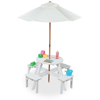 relaxdays Garten-Kindersitzgruppe Runde Kindersitzgruppe Holz mit Schirm beige|braun|weiß