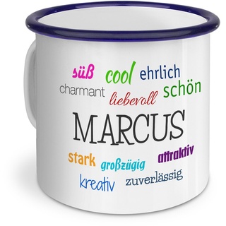 printplanet Emaille-Tasse mit Namen Marcus - Metallbecher mit Design Positive Eigenschaften - Nostalgie-Becher, Camping-Tasse, Blechtasse, Blau