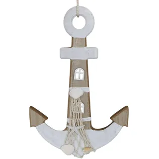 Hängedeko Anker aus Holz 30cm maritime Deko natur und weiss Leuchtturm Türhänger