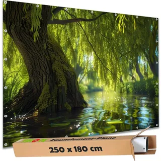 TRIOSK Sichtschutz Garten Deko Zaun Plane Blickdicht groß mit Zaunblende Motiv Natur Baum Weide Wasser Fluss für Zaunelement Doppelstabmatten Stabmattenzaun Gartenzaun PVC 250x180 cm