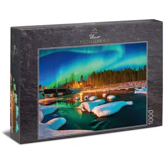 Ulmer Puzzleschmiede - Puzzle „Einsame Lichter“ - Klassisches 1000 Teile Puzzle – Winter-Landschaft in Nord-Schweden bei Nacht - Nordlichter über der magischen Polarnacht