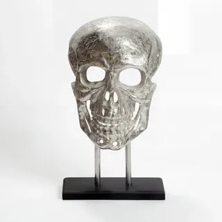 Standdeko Totenkopf Aluminium Silber 57 cm mit schwarzem Gestell