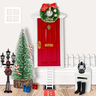 Wichieltür Set Weihnachten, Wichteltür Komplettset, Miniatur Wichtel Set Wichteltür Nissedor mit Zubehör Stiefel Laterne Weihnachtsbaum Dekokranz Holzleiter Wichtelbesen für Weihnachten