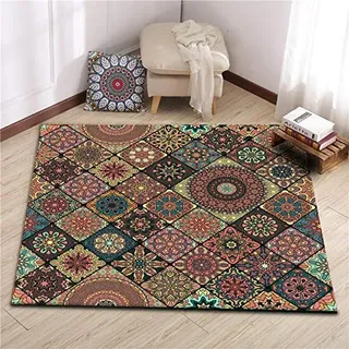 SRTJURFG Quadratisch Kurzflor Teppich rutschfest, Waschbar Teppich Florale Quadrate Dunkelbraun getäfelt Groß Schutzmatten für Wohnzimmer, Flur, Schlafzimmer, Kinderzimmer, 110 x 110 cm