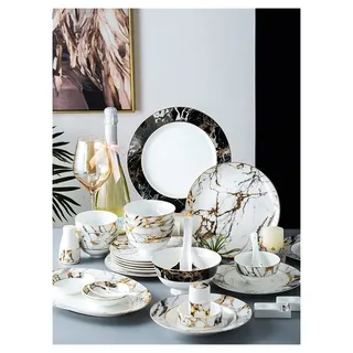 SnamicE Geschirrsets - Luxuriöses Geschenkgeschirr-Service-Set, 72-teiliges Phnom Penh-Marmor-Bone-China-Geschirr, Schüsseln, Geschirr, Fine Bone China-Porzellan-Geschirrset,