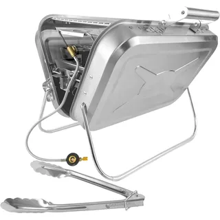 GARDINGER BBQ 45 mobiler Koffergrill aus Edelstahl für Gaskartuschen | Klappbarer Camping-Grill für Picknick Outdoor mit Edelstahlgrillzange | 44,5x30x11,3 cm