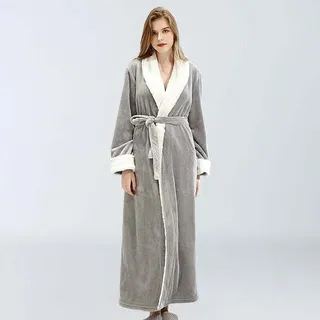 Damen-fleece-bademantel – Weicher Winter-bademantel Mit Taschen – Größe L, Grau – Ideales Geschenk