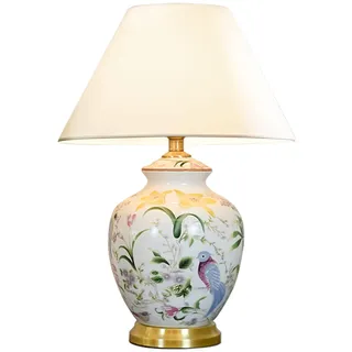 FAZRPIP Handbemalte Keramik-Tischlampen mit Blumen und Vögeln, traditionelle Nachttisch-Nachttischlampe mit Lampenschirm aus Stoff, große Keramik-Tischlampe für Schlafzimmer und Wohnzimmer