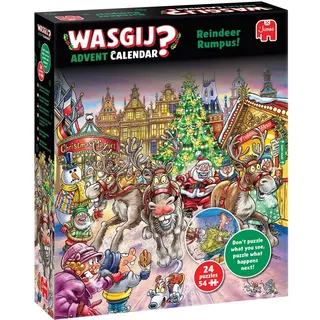 Wasgij Weihnachtspuzzle Adventskalender 2025, Rentier Raserei - Tägliches Puzzleset, 24 Tage Puzzle, 54-teilige Puzzles für Erwachsene 100 Prozent recycelter Karton für Erwachsene Festlicher Countdown