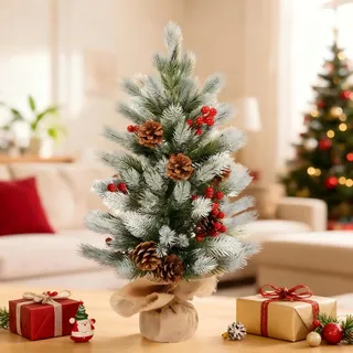 Mini Weihnachtsbaum mit Beleuchtung, 60cm Weihnachtsdeko Tisch Weihnachtsbaum Klein inkl. 3M 30-LED & Beeren & Tannenzapfen, LED Tannenbaum Künstlich, für Weihnachtsdeko Innen