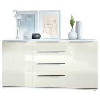 Vladon Sideboard Linio (Anrichte, mit 2 Türen und 4 Schubladen), Weiß matt/Creme Hochglanz (139 x 72,5 x 35 cm) gelb