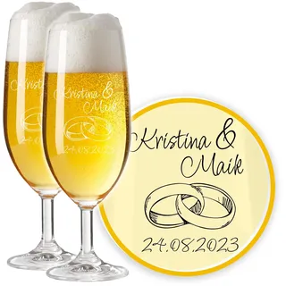 LALALO Leonardo Hochzeit Bierglas Geschenk-Set (2 St.) graviert, Biertulpe/Pilstulpe mit Gravur personalisiert als Hochzeitsgeschenk, Hochzeitstag, Standesamt (Ringtraum)