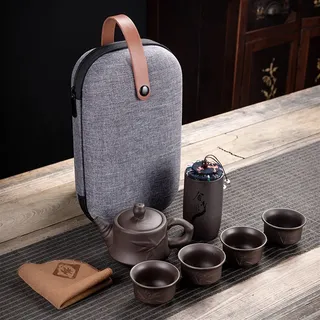 Kung-Fu-Teekanne aus violettem Ton, 230 ml, chinesisches Porzellan, Yixing Zisha-Teekanne, 4 Tassen, Kung-Fu-Reise-Teetasse, handgefertigt, Reise-Teeset für Teeliebhaber (C)