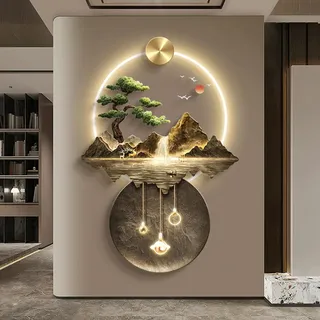 3D Wandmalerei Wand hängende Skulptur, 3D-Wandgemälde mit Licht, Wandskulptur aus Metall, luxuriöse Wanddekoration mit Bergwasserbaum, orientalisches Dekor, Landschaftsgemälde for Aufhängen(B,90L x 60