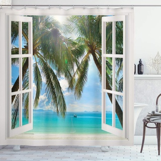 ABAKUHAUS Tropisch Duschvorhang, Fenster zum exotischen Strand, Stoffliches Gewebe Badezimmerdekorationsset mit Haken, 175 x 180 cm, Mehrfarbig