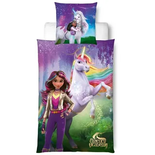 MTOnlinehandel Kinderbettwäsche Unicorn Academy Einhorn 135x200 + 80x80 cm, magisches Design, 100% Microfaser, 2 teilig, Farbenfrohes Motiv für kleine Einhorn-Fans – weich und pflegeleicht bunt|lila