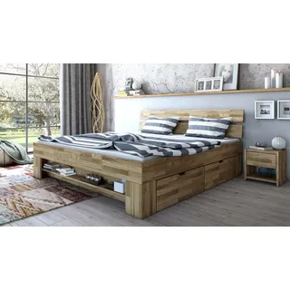 Futonbett Sarah Wildeiche Massivholz Bett mit Schubkästen und Regal 140x200 cm