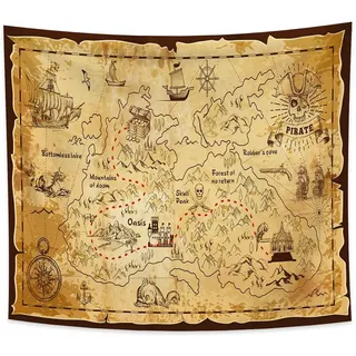 YONGFOTO Schatzkarte Wandteppich Piratenkarten Piratenflagge Westliche Schatzinsel Route Navigation Alte Weltkarte Poster Wandbehang Tapisserie für Wohnheimdeko Sofa Bettüberwurf, 180x160cm