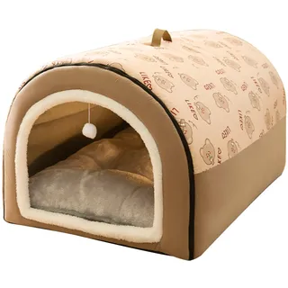 GZGLZDQ Hundehöhle mit abnehmbarem Kissen, 2 in 1 Indoor Hundehütte & warme gemütliche Hundehöhle, rutschfestes Hundebett mit Dach aus Plüsch für Katzen, Hunde, Kaninchen(Brown,100 X 70 X 60 cm)