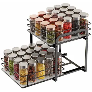 TDSYDS Gewürzregal Ausziehbar 2 Etagen, Gewürz Organizer Schrank,Gewürzständer Stehend,Spülschrank Organizer,Spice Rack,Küchenschrank Regal Ausziehbar L28*B24*H25CM, Geeignet Meisten Küchenschränke