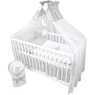 Bello24 - 13 Teiliges Babybett Kinderbett und Bettwäsche komplett Set Timmi inkl. Matratze höhenverstellbar für Neugeborene Babys und Kleinkinder aus Massivholz (Grau - Teddybär Mond)