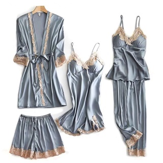 BYCDD Satin-Pyjama-Sets, 5-teiliger Pyjama, sexy Nachtwäsche für Damen, Schlaflounge, Seidenpyjama mit Brustpolstern (Color : Blue, Size : L)