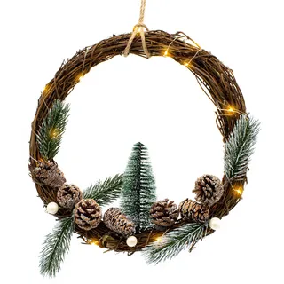LED Holz Kranz 30 cm m. Tannen Deko - Weihnachts Winter Tür Fenster Beleuchtung