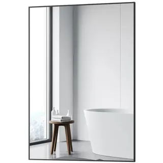 GOEZES Badspiegel Schwarz 50x70 80x60 100x60 Wandspiegel Schwarz eckig Metall Rahmen (Spiegel Bad Badezimmer, ohne beleuchtung), Vertikal Horizontal montierbar, mit explosionsgeschützte membran schwarz 50 cm x 70 cm