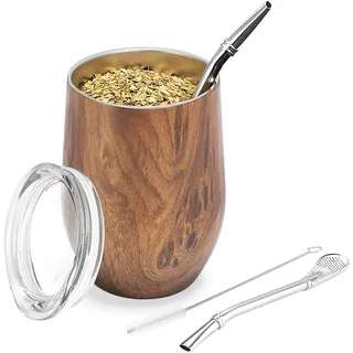 TELANKS Modernes Mate Becher 340 ml, Yerba Mate Cup Set, Edelstahl Doppelwand Isolier Design, Mate Tee Tasse mit BPA-freiem Deckel, Bombillas und eine Reinigungsbürste (Holz)