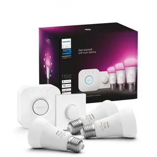 Philips Hue Starter Kit: Bridge + 3 E27 Smarte Glühbirnen + Smart Button, White and Color Ambiance, Smart Light Hub, kompatibel mit Alexa, Google Assistant, Samsung SmartThings, Apple Home