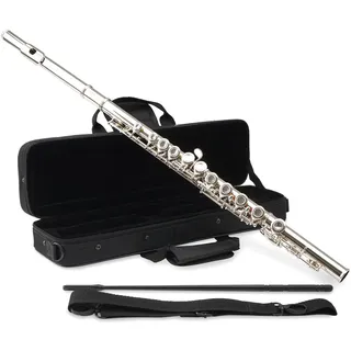 Classic Cantabile FL-100 Querflöte (Tolles Einsteigerinstrument, komplett aus vernickeltem Neusilber, geschlossene Klappen, E-Mechanik, vorgezogenes G, C-Stimmung, inkl. Etui, Zubehör) Silbern