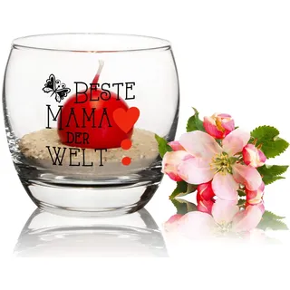 Beste Mama der Welt Windlicht Glas mit Sand und Kugelkerze rot | Teelicht mit Kerze Geschenkidee für Mama | Muttertagsgeschenk Weihnachten Geburtstag Glückslicht